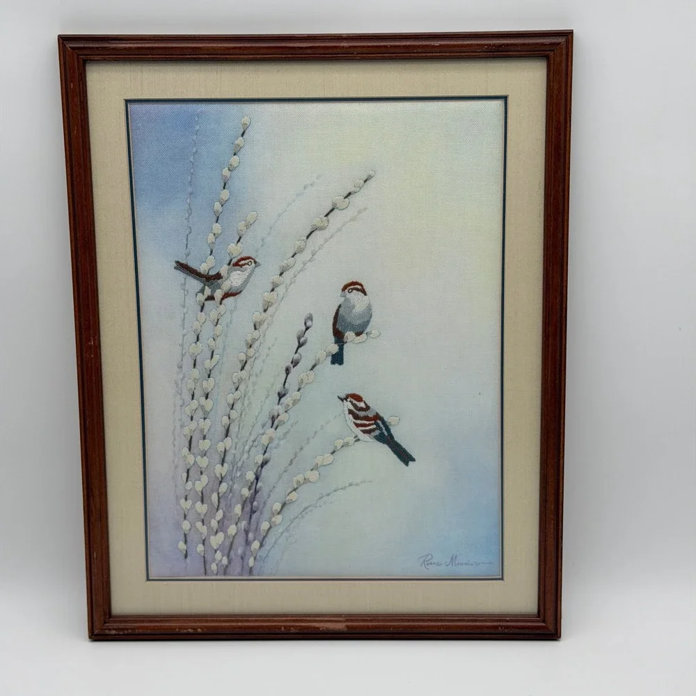 Ruane Manning Embroidered Bird Art Framed Floral Mixed Media Signed 18x15